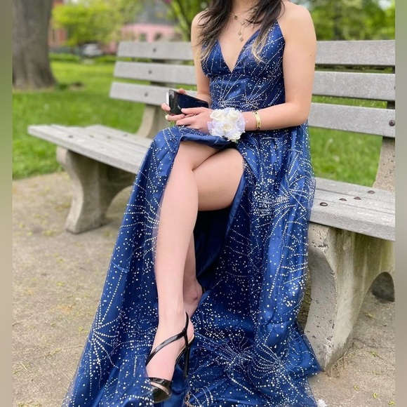Womens Royal Blue V-neck Glitter Hi-cut Slit Prom Dress - Picture 2 of 11